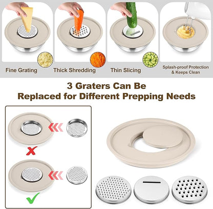 TeamFar Mixing Bowls, 6 PCS Stainless Steel Nesting Salad Bowl with Lids & 3 Graters, For Kitchen Cooking Serving Prepping, Airtight & Non-Slip, Size 4.6/3.5/2/1.5/1/0.7 QT, Khaki