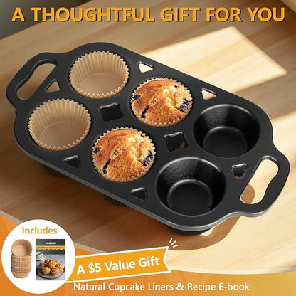 Pre-Seasoned Cast Iron Muffin Pan - 6-Cup Nonstick Cupcake Pan, 2 Piece Set