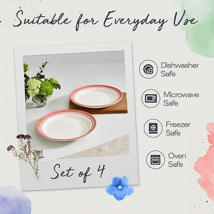 Portmeirion Potter's Striped Dinner Plate (Set of 4) - 10.5-Inch Stackable Earthenware Plates - Microwave & Dishwasher Safe, Handcrafted Dinnerware for Casual & Formal Table Settings (Red Stripe)