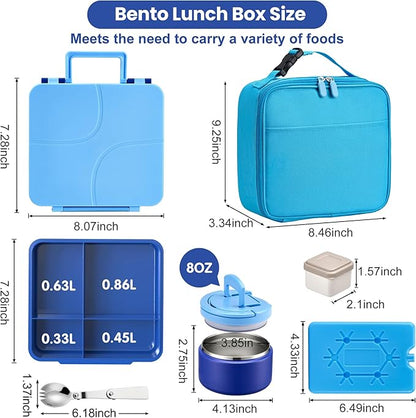 Bento Lunch Box with 8oz Soup Thermo,Kids Leakproof 4 Compartment Lunch Food Containers with Sauce Cup and Ice Pack,Kids Thermo Insulated Hot Food Jar and Lunch Bag for School,Trvael-Blue