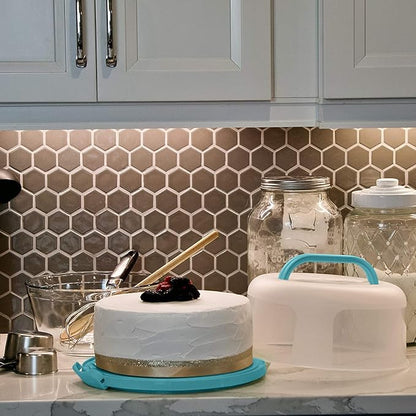 Top Shelf Elements Round Cake Carrier Two Sided Cake Holder Serves as Five Section Serving Tray, Portable Cake Stand Fits 10 inch Cake, Cake Box Comes With Handle, Cake Container Holds Pies (Aqua)