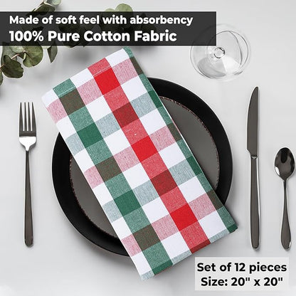 Urban Villa Cloth Dinner Napkins Set of 12 Highly Absorbent Soft Premium Dinner Napkins 20x20 Inches, Hotel Quality Reusable & Washable Table DinnerNapkins for Home (Christmas Buffalo Checks)