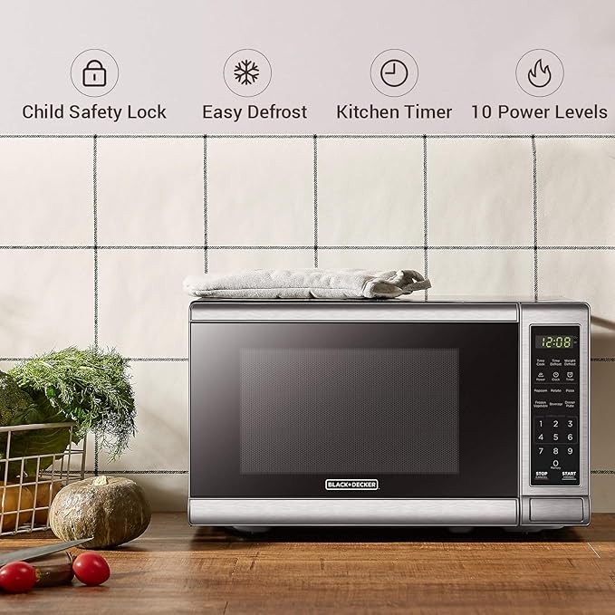 BLACK+DECKER EM720CB7 Digital Microwave Oven with Turntable Push-Button Door, Child Safety Lock, 700W, Stainless Steel, 0.7 Cu.ft