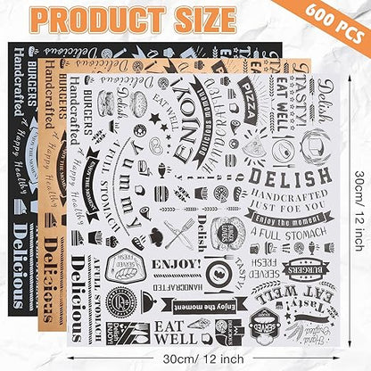 Outus 600 Pcs 12 x 12 Inch Deli Wax Paper Sheets Grease Resistant Tray Basket Liners Newsprint Paper Water and Grease Proof Sandwich Wrapping Square Hot Dog Wrapper for Food (White,Black,Brown)