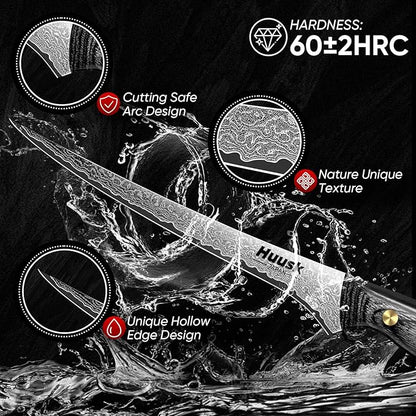 Huusk Damascus Fish Fillet Knife - 7 inch Flexible boning knife with VG10 Core, Kitchen Slicing Knife with Full Tang Handle, Birthday Dad Mom Gift