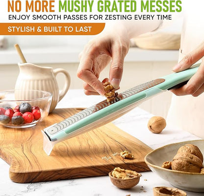 Spring Chef Premium Lemon Zester Grater with Handle - Fruit, Garlic, Lime, Orange, Nutmeg, Garlic Grater - Heavy Duty Kitchen Tool - Stainless Steel Citrus Zester with Blade Cover - Fine Shred, Mint