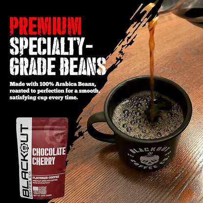 Blackout Coffee Chocolate Cherry Flavored Ground Coffee – Medium Roast, Smooth Taste, Guilt-Free Indulgence – Freshly Roasted 12oz Pouch, American Made