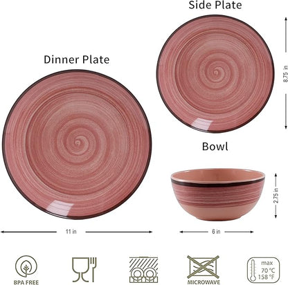 12Pcs Melamine Dinnerware Set, Plates And Bowls Sets for 4, Pink Color Dinnerware Sets, Melamine Plates Bowls Indoor and Outdoor Use Dish Set Dishwasher Safe BPA Free(Pink)
