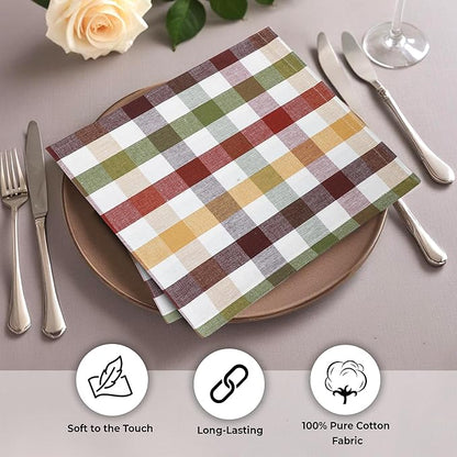 Urban Villa Harvest Cloth Dinner Napkin Set of 6 20x20 inches Fall Checks 100% Cotton Highly Absorbent Durable Reusable Washable Ideal for Farmhouse Thanksgiving Fall Everyday Use Table Napkins