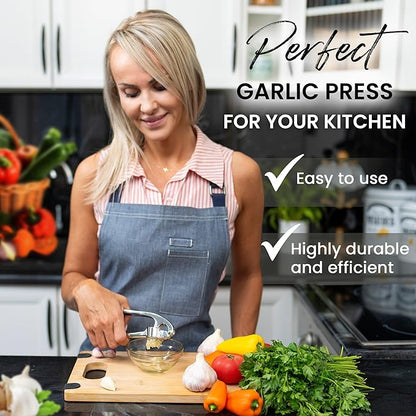 Premium Garlic Press, Garlic Mincer Set of 3 with Silicone Roller Peeler & Cleaning Brush, Extremely Durable Garlic Crusher, Ergonomic Handle, Extracts Most Garlic Paste Per Clove