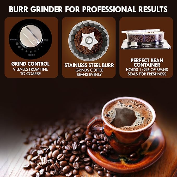 Koolatron Kenmore Elite Grind and Brew Coffee Maker - Built-In Grinder, Automatic Drip Coffee Machine, 12 Cup Programmable Brewer, Bean Grinder and Ground Coffee Brewer, Cafetera con Molino Integrade