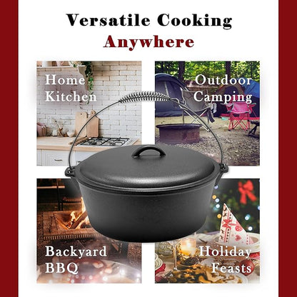 Cuisiland 12 Quart Cast Iron Dutch Oven with Dome Lid & Bail Handle – Pre-Seasoned Large Campfire Pot for Outdoor Cooking, Roasting, Baking & Stews – Heavy-Duty Cookware with Even Heat Distribution