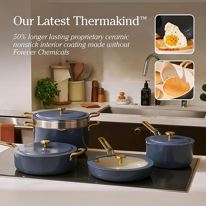 Our Place 11-Piece Essentials Complete Cookware Set - Ceramic Fry Pan, Saucepan, Sauté Pan, Stock Pot, Strainer Basket & Rack Storage | Thermakind™ Nonstick, Oven Safe up to 450°F | Blue Salt