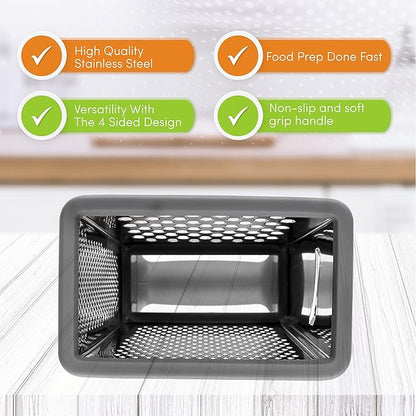 Spring Chef Professional Gray 10" Stainless Steel Parmesan Cheese Grater with Handle, 4 Sided Handheld Box Grater, Kitchen Carrot Shredder for Potato, Cheese, Ginger, Vegetables, Hashbrown
