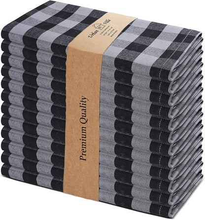 Urban Villa Cotton Dinner Napkins Set of 6, Highly Absorbent 20x20 Inches Premium Cloth Napkins Hotel Quality Reusable & Washable Table Dinner Napkins for Home & Weddings - Grey/Black, Checks