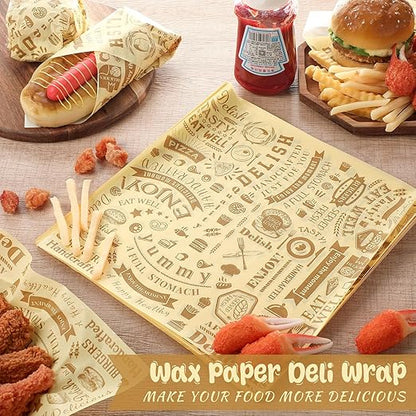 Outus 600 Pcs 12 x 12 Inch Deli Wax Paper Sheets Grease Resistant Tray Basket Liners Newsprint Paper Water and Grease Proof Sandwich Wrapping Square Hot Dog Wrappers for Food Baking (Light Yellow)