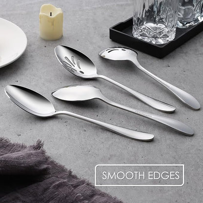 E-far Stainless Steel Serving Utensils, 4-Piece Serving Spoons Set Includes Slotted & Solid Spoons, Metal Hostess Tablespoons for Catering Buffet Party Kitchen Restaurant