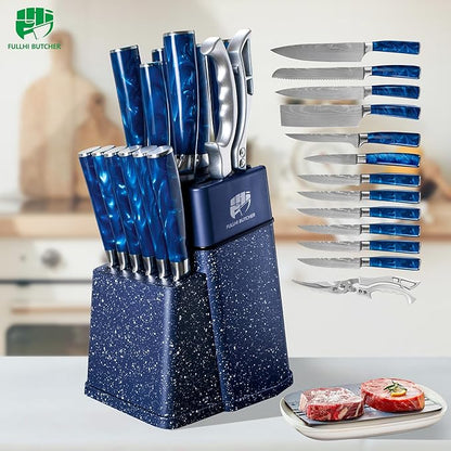 FULLHI 14pcs Block Knife Set, Chef's Knife Steak Knives Set with Block and Sharpener, Kitchen Knife Set, Multi-colour Handle, Gifts for Men Women