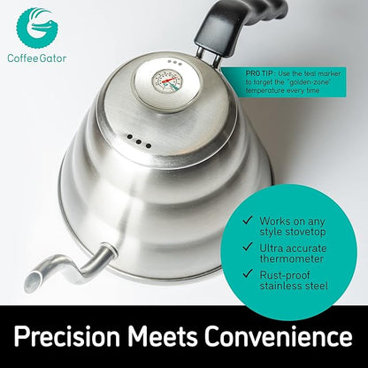 Coffee Gator Gooseneck Kettle with Thermometer - 40oz Premium Stainless Steel Pour Over Coffee Maker Kettles, Stove Top, w/Precision Drip Spout, for Drip Coffee, French Press, Tea Kettle, 5 Cup