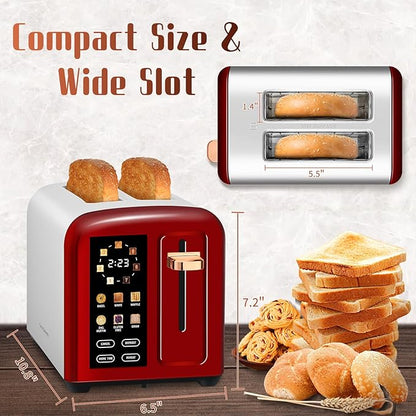 SEEDEEM Toaster 2 Slice with Touch Screen, Faster Heating Speed, 7 Shade Setting, 6 Bread Type, 1.5”Wide Slots Toaster, Removable Crumb Tray, 1350W, Dark Cherry