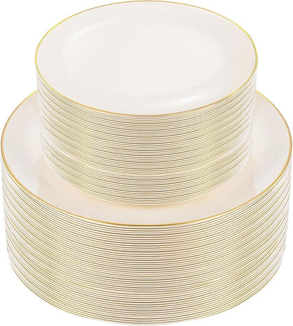 bUCLA 100PCS Ivory Plastic Plates with Gold Rim - Heavy Duty Cream Disposable Include 50 Dinner 10 inch & 50 Dessert 7 inch, for Party & Thanksgiving