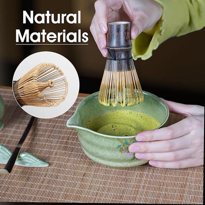 Matcha Whisk Set, 7-Piece Japanese Matcha Kit with Floral Ceramic Bowl & Holder, Natural Bamboo Matcha Whisk, Scoop, Large Bamboo Mat, Wooden Handle Sifter –Elegant Tea Ceremony Gift for Matcha Lovers