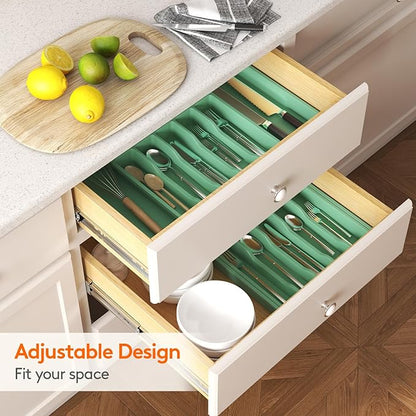 Lifewit Silverware Drawer Organizer, Expandable Utensil Tray for Kitchen, BPA Free Flatware and Cutlery Holder, Adjustable Plastic Storage for Spoons Forks Knives, Large, Green