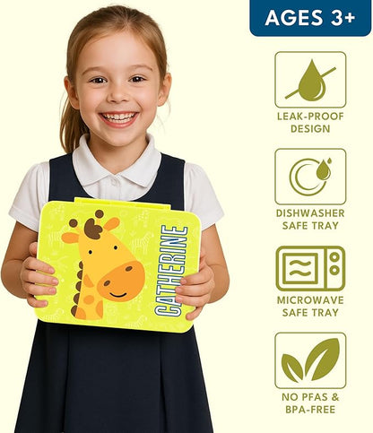 Personalized Bento Box for Kids with Safari Icon and Name - Yellow - 5 Compartments Drop-Proof Bento Box, Dishwasher Safe, Made with BPA-Free Materials, Bento Lunch Box for Kids and Toddlers
