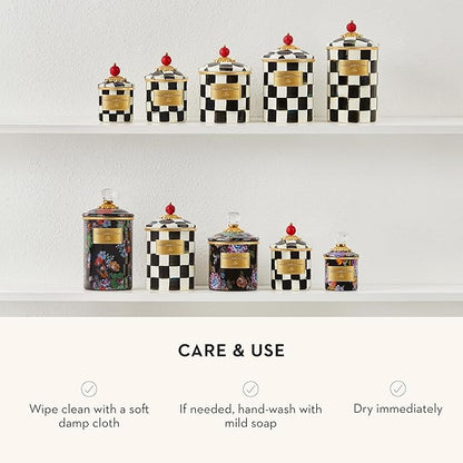 MACKENZIE-CHILDS Large Enamel Canister, Kitchen Storage Container for Flour and Sugar, 1.89 Liters, Black-and-White Courtly Check