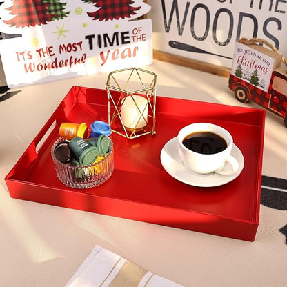 Red Serving Tray for Coffee Table, Rectangular Plastic Decorative Tray with Handles for Entertaining, Outdoor Patio, Living Room, Ottoman, Bathroom Counter, 11.8”*15.7”*1.6”