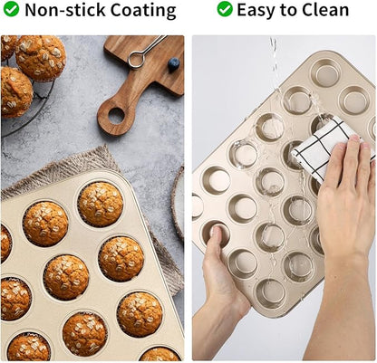 Beasea Nonstick Mini Muffin Pan 24 Cups, 2 Pack 24 Mini Small Tiny Cup Non Stick Muffin Baking Pan Tin Tray Carbon Steel Bakeware Individual Cupcake Baking Pan - Gold