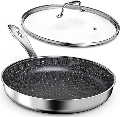 imarku Non Stick Frying Pans, 12" Stainless Steel Pan, Hybrid Skillet with Lid, Deep Larger Saute Pan, Dishwasher & Oven Safe, Induction Compatible Cooking Pan, PFOA Free