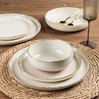 AmorArc Ceramic Dinnerware Sets with Pasta Bowls for 4, Handpainted Plates and Bowls Set with Rustic Terracotta Underside, Scratch Resistant Dishes Set, Dishwasher & Microwave Safe, 16 Pcs