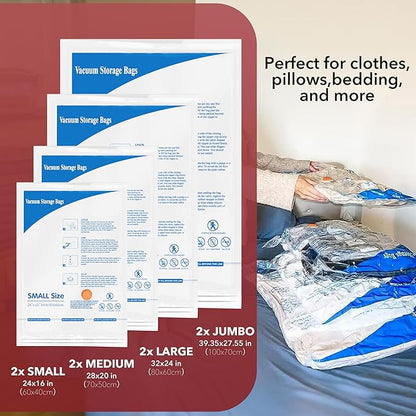 Travel Vacuum Bags With Pump,Vacuum Storage Bags with Electric Pump 8 Combo (2 J/2 L/2 M/2 Small), Plastic Packaging Bags,Travel Vacuum Bag For Luggage,Clothes, Pillows, Comforters, Blankets, Bedding