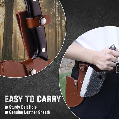 Mossy Oak Serbian Chef Knife, Meat Cleaver Knife with Genuine Leather Sheath, Hand Forged Heavy Duty Chopper Knife Full Tang Handle, Butcher Knife for Kitchen, Outdoor Cooking, Camping