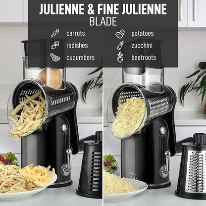 Zulay Kitchen Rotary Cheese Grater 5 Blade Cheese Shredder - Manual Hand Crank Cheese Grater With Reinforced Suction & 5 Interchangeable Drums - Easy to Use, Vegetable Chopper Round Mandoline Slicer