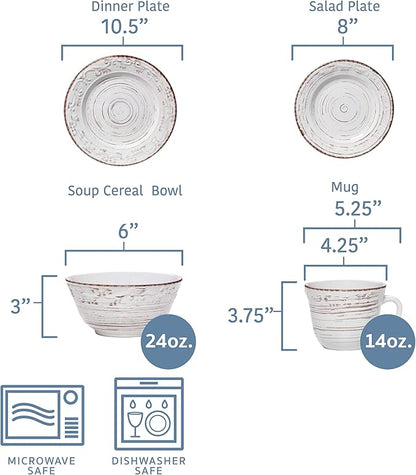 Pfaltzgraff Trellis White 16-Piece Stoneware Dinnerware Set, Service for 4, Distressed White Finish, Microwave & Dishwasher Safe Plates and Bowls