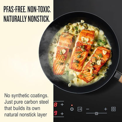 Alva Forest 4-Piece Carbon Steel Frying Pan Set – Naturally Nonstick, Pre-Seasoned, with Acacia Wood Handle, Made Without PTFE, PFOA, PFAS – Sustainable Belgian Design, Induction & All-Stovetop Safe