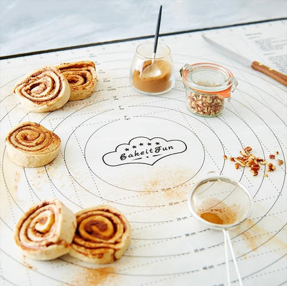 XX-Large Silicone Pastry Mat 33.5 x 22.5 in nonstick surface with inch and cm guides, concentric circles, conversion charts, BPA free, heat safe to 450°F, dishwasher safe