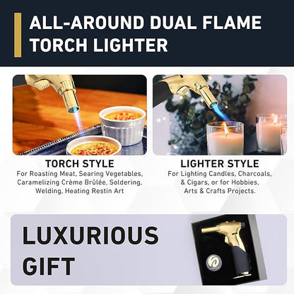 Dual Flame Butane Torch Gun - Refillable Luxury Hand Held Mini Blow Torch for Cooking, Creme Brulee, Soldering, Welding, & Resin Art - Adjustable Flame with Ignition Lock - Gold Black by inZaynity