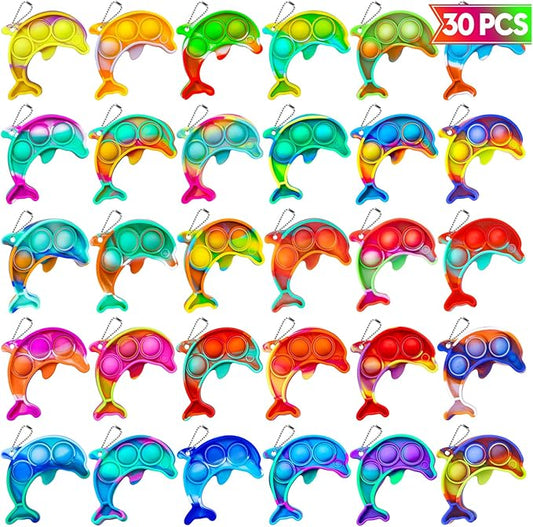 Pop Fidget Toys Bulk Its Kids Party Favors 30 PCS Cute Dolphin Mini Pop Keychain It Sensory Fidget Toy Pack Fidgets for Classroom Prizes for Kids Students Carnival Prizes Birthday Goodie Bag Stuffers