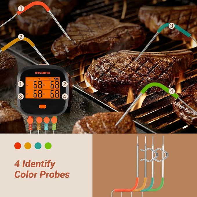 INKBIRD WiFi Meat Thermometer IBBQ-4T, Wireless WiFi BBQ Thermometer for Smoker, Oven | APP Calibration Temp Graph | Mobile Notification Timer Alarm | Rechargeable Digital Grill Thermometer, 4 Probes