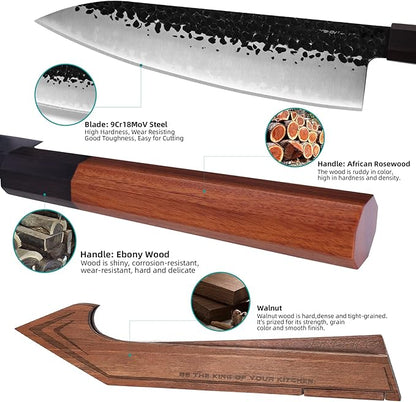 FINDKING Chefs Knives Set and Edge Guards, High Carbon Steel Kitchen Knives, Walnut Knife Holders, for Home Kitchen, Meat, Fruits, Vegetables, Dynasty Series, 8PCS