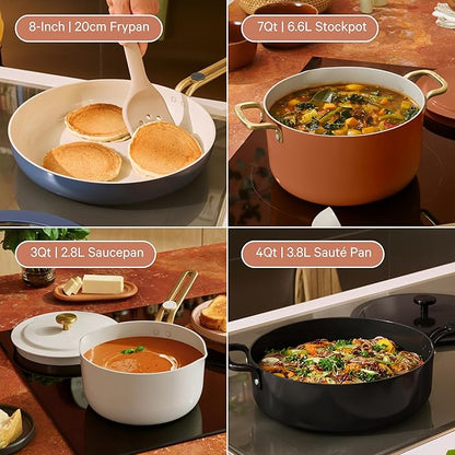 Our Place 11-Piece Essentials Complete Cookware Set - Ceramic Fry Pan, Saucepan, Sauté Pan, Stock Pot, Strainer Basket & Rack Storage | Thermakind™ Nonstick, Oven Safe up to 450°F | Blue Salt