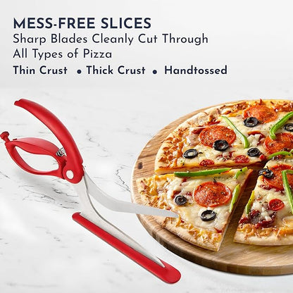 Loftern Red Pizza Scissors - Non-Stick Pizza Scissors with Firm Grip Base - Food Grade Stainless Steel Pizza Cutter - 5-in-1 Food Slicer & Pizza Server - Durable, Safe & Mess Free