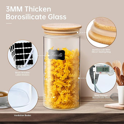 45oz - 3 Pack Glass Jars with Bamboo Lids, Glass Pantry Storage Containers with Airtight Lids, Round Air Tigh Food Storage Canisters for Cereal, Pasta, Flour, Sugar, Rice, Best for Kitchen Organizer