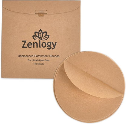 Zenlogy 10 Inch Parchment Paper Rounds (100 Sheets) - Unbleached, Pre-cut, High Heat, Round Liners - Fits 10 inch Round Cake Pans, Pizza Pans, and Air Fryer
