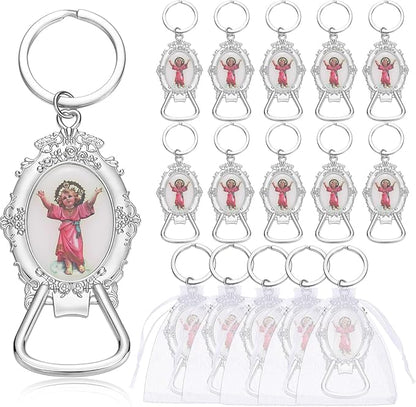 Misdary 12 Pcs Divine Child Jesus Bottle Opener Keychain Catholic Bottle Opener with Organza Baptism Party Favor for Guest