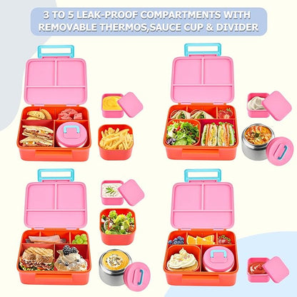 MAISON HUIS Bento Box for Kids with 8oz Soup Thermo, Leak-proof Lunch Food Containers with 5 Compartment, Insulated Lunch Bag & 17oz Stainless Steel Water Bottle for School, Trvael