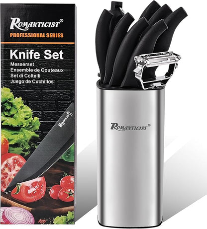 ROMANTICIST Kitchen Knife Sets, 10PCS High Carbon Stainless Steel Knife Sets with Block, Black Knife Block Set, Knives Set for Kitchen with Anti-slip Handle, Exquisite Knives Set New Home Essentials